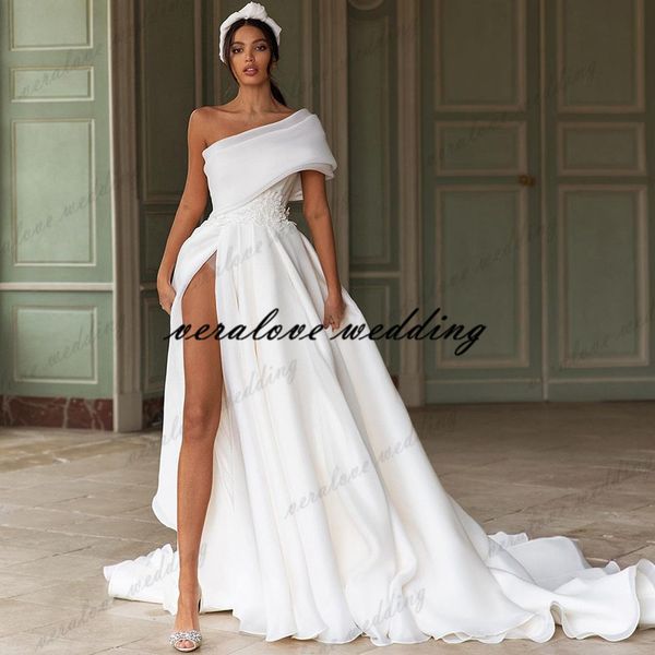 

one shoulder a line wedding dress 2021 side split vestido de noiva back bow sweep train bridal gowns for women, White