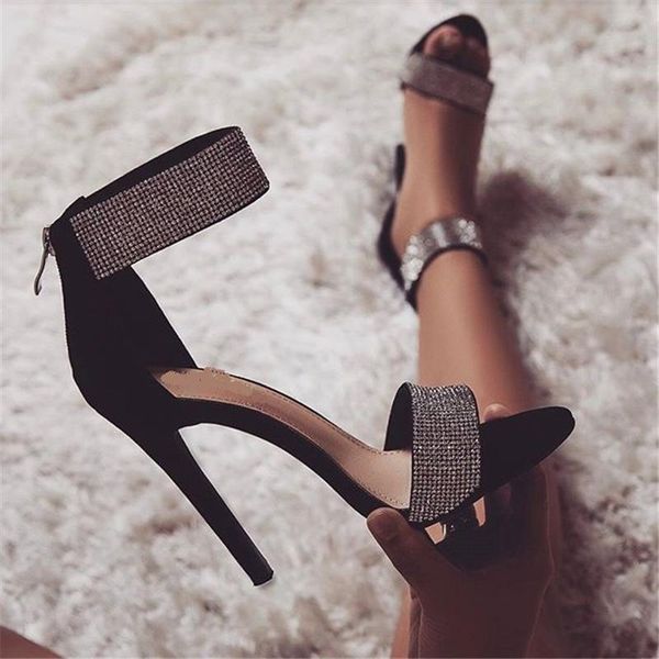

dress shoes peep toe gladiator sandals women suede summer party woman pumps crystal sandalias mujer 2021 high heels ladies, Black