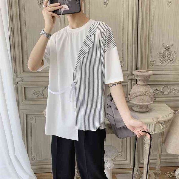 

melody windmill stitching short sleeve men's trend loose minority design summer stripe personalized round neck t-shirt, White;black