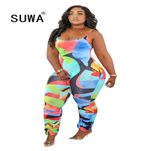 

women's jumpsuits & rompers 2021 product tie dye geometric print women spaghetti strap stacked bodycon jumpsuit party one piece romper, Black;white