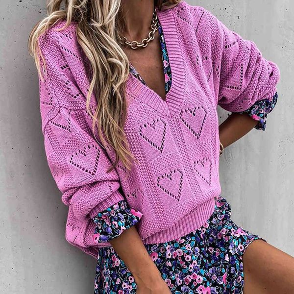 

inspired knit casual v-neck women sweater autumn winter long sleeve hollow out knitted sweater heart shaped ladies pullover 210412, White;black