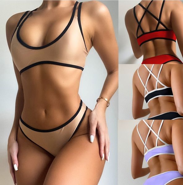 

womens swimwear push up padded bra bikini set bandage high waisted swimsuit french vintage bathing suit summer solid color beachwear 2pcs/se, White;black