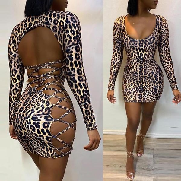

casual dresses fashion trend women long sleeve cocktail bandage party club bodycon mini dress hollow backless leopard sexy, Black;gray