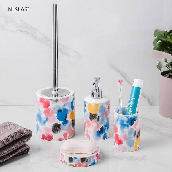 

ceramicfour-piece suit creative color spots soap bathroom accessories set decor gargle cup dispenser toilet brush dish bath accessory