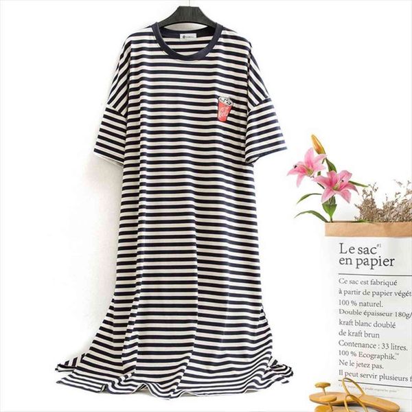 

large size 10xl bust womens sleepwears 42cm cotton long night dress short sleeve women o neck striped sleepwear casual oversized, Black;red