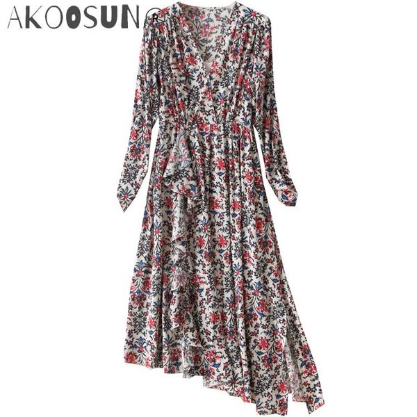 

casual dresses woman vintage floral print silk midi dress long sleeves v-neck front draped ruffled detail side slit dress2021, Black;gray