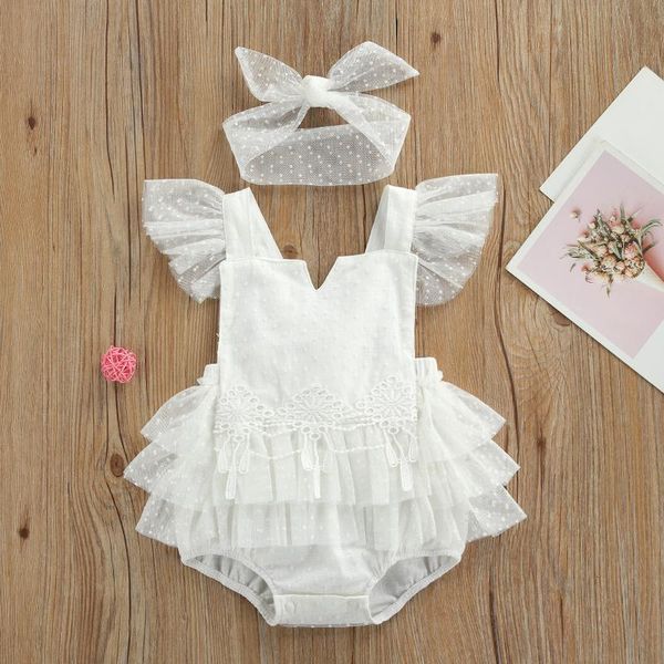 

jumpsuits 2pcs fashion baby girls clothes infant summer dot pattern lace splicing sleeve backless romper + bow headwear, Blue