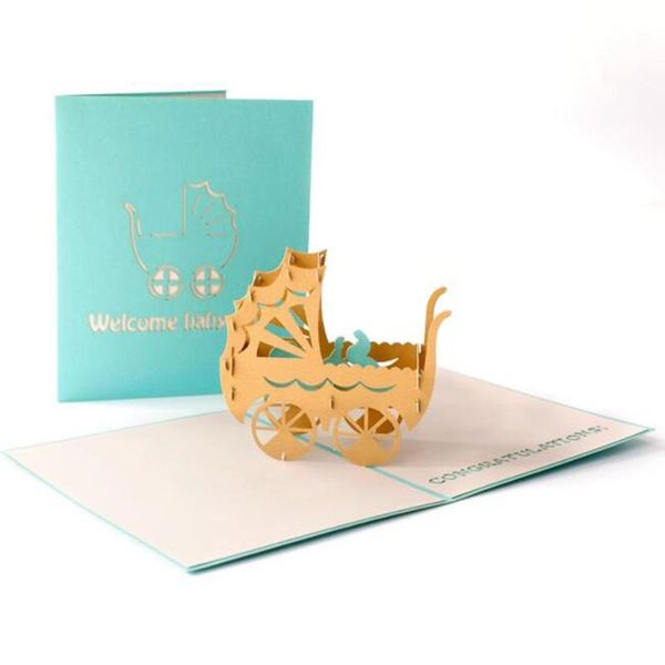 

100pcs 3d baby carriages greeting card up paper laser cut postcard kids birthday party gift pink blue cards