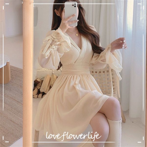 

french vintage dress women elegant fairy slim v-neck chiffon lace mini party dress female autumn dress korean 210521, Black;gray