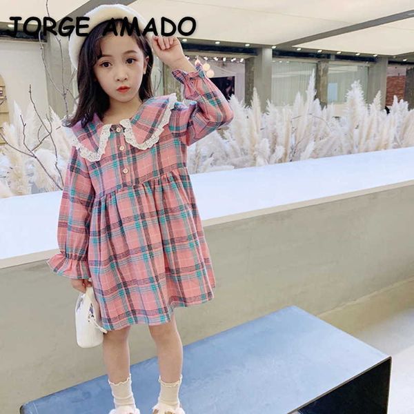 

spring girls dresses plaid long sleeve lace peter pan collar cute princess kids clothes e8002 210610, Red;yellow