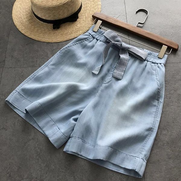 

women's shorts women high waist bow elasticity solid summer cool leisure thin short trousers loose streetwear soft female denim, White;black