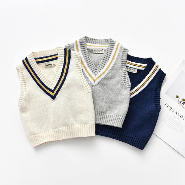 

pullover autumn kids toddler v-neck fashion sweater boys knit vest 2021 fall children korean college style party casual clothes, Blue