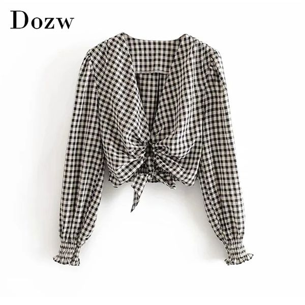

women plaid cropped blouses v neck bow tie vintage cotton shirt puff long sleeve hollow out chic blouse 210515, White