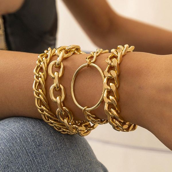 

link, chain diezi 4pcs/set hip hop gold silver color chunky bracelets vintage geometric circle charm bracelet sets men jewelry, Black