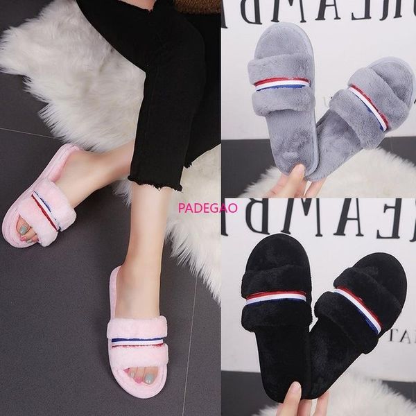 

slippers fall winter women flip-flops color stripes fashion wild indoor korea warm outdoor leisure flat fur slides, Black
