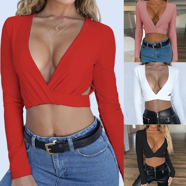 

women's t-shirt deep v elastic slim long sleeve short top, White