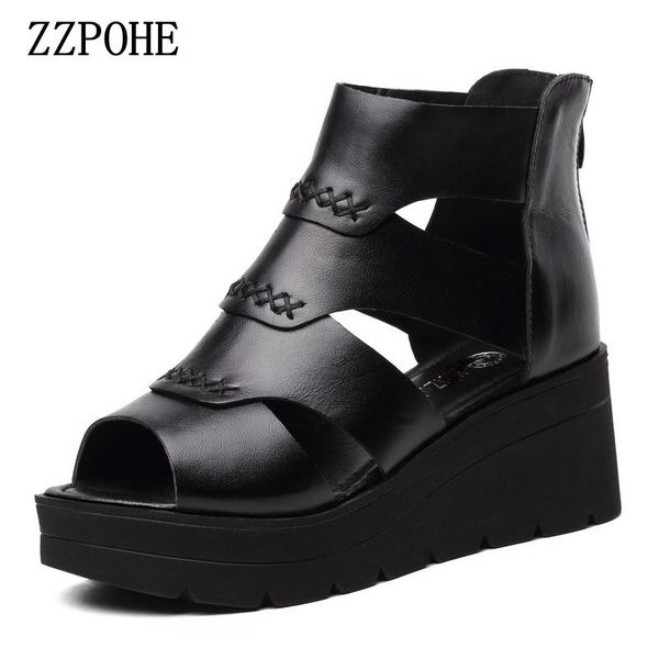 

woman sandals 2021 summer women platform open toe casual wedges ladies split leather soft high heels shoes, Black