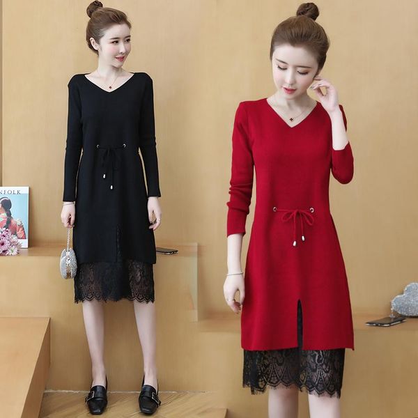 

casual dresses women sweater dress autumn winter long sleeve v neck lace drawstring slim waist slit knitted pullovers christmas, Black;gray