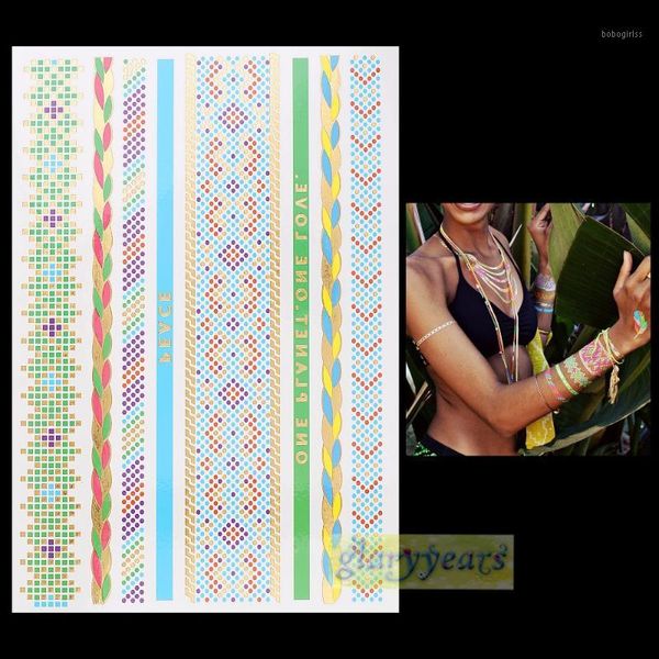 

temporary tattoos wholesale-1pc flash gold silver metallic waterproof tattoo women henna vt342 water blue green bracelet wrist sticker1