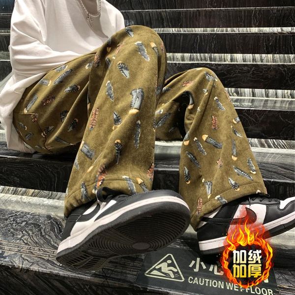 

men's pants winter flannel corduroy fashion feather printed men casual staight daliy streetwear wide-leg trousers ginger/black