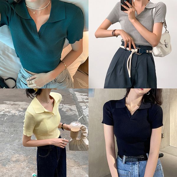 

fashion sweater fine woolen solid color knitted polo shirt women's summer 2021 casual and versatile short sleeve t-shirt top, White;black