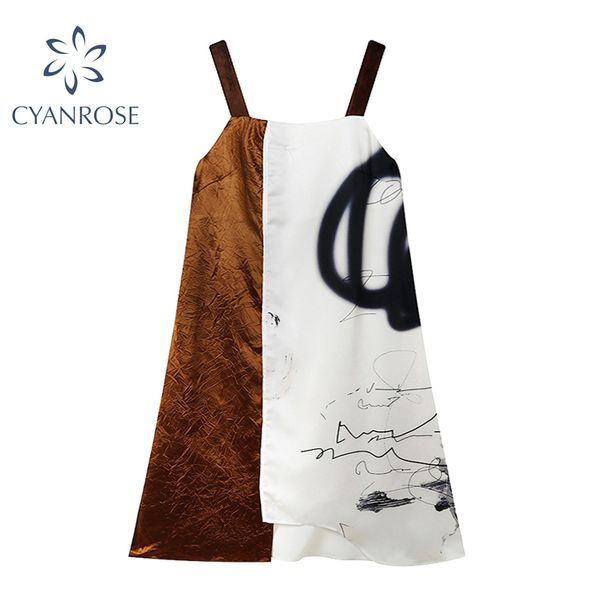 

design spaghetti strap crop dress women sleeveless a line irregular spliced vintage handed-print loose retro vestidos mujer 210417, Black;gray