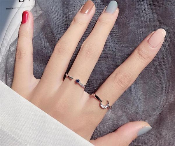 

crystal moon stars sweet romance couple gift 925 sterling silver female resizable opening rings sri488 cluster, Golden;silver