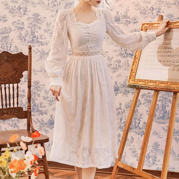 

elegant women lace embroidery hollow out fairy party dress office lady square collar midi dress spring clothing female 210518, Black;gray