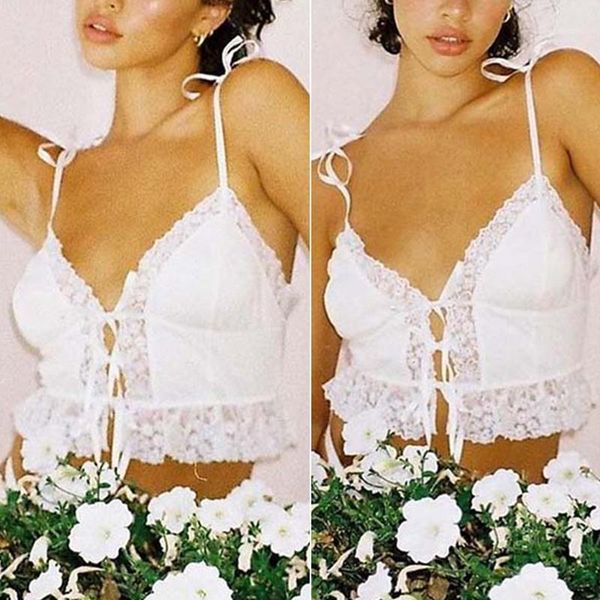 

women's tanks & camis frill lace crop tees women front tie sleeveless cami white v neck spaghetti strap party club