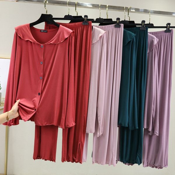 

women's sleepwear autumn winter pajamas women sweet doll collar set modal long sleeve cardigan trousers pyjamas suit pijama mujer, Black;red