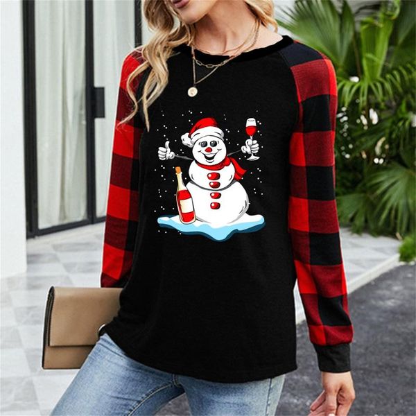 

women's t-shirt 2022 retro cute snowman print women long sleeve raglan woman clothes o neck vintage tee shirt femme gift, White