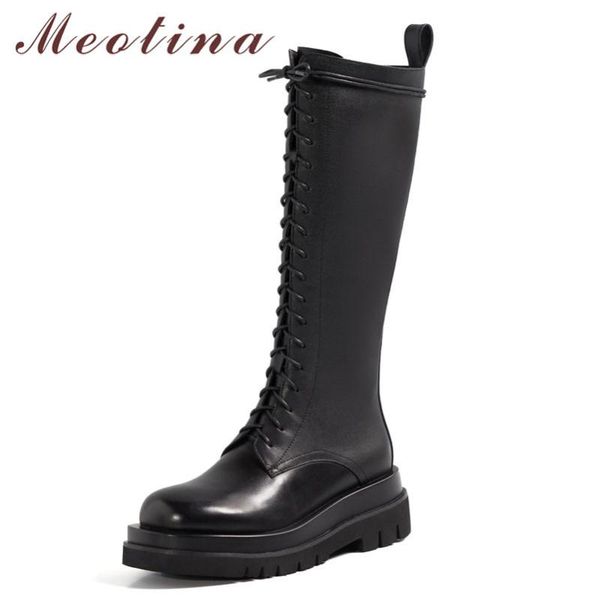 

boots meotina motorcycle women shoes genuine leather platform zip flats lace up knee-high long lady winter black