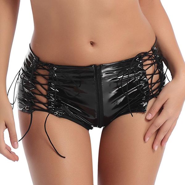 

women's panties womens wet look mini shorts pants patent leather low rise hollow out lace-up zipper crotch booty for night club, Black;pink