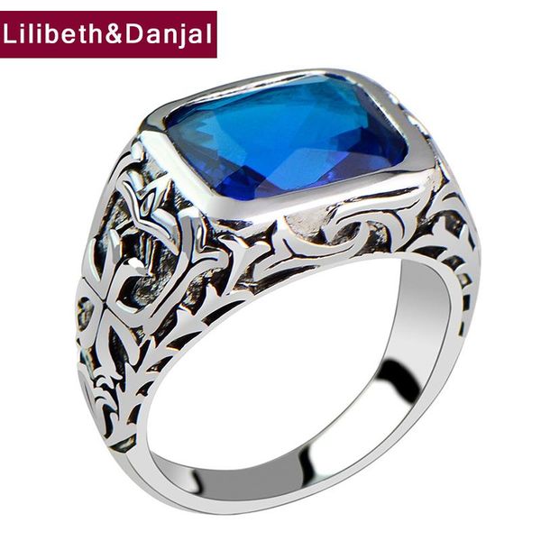 

pattern ring real 925 sterling silver vintage inlaid blue crystal men fine brand jewelry 2021 arrival designer wholesale r03 cluster rings, Golden;silver