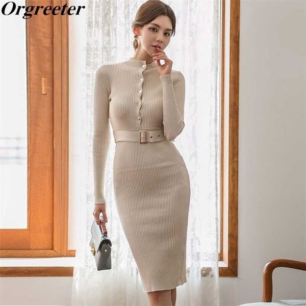 

spring fall solid knitted dresse single breasted long sleeve slim back slit sheath sweater dress with belt 211220, Black;gray