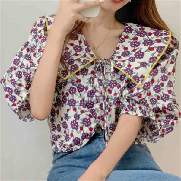 

summer loose printing lantern sleeves blouse femme vintage retro gentle lady streetwear florals shirts blusas 210525, White
