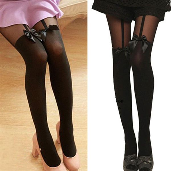 

women silk stockings pantyhose japanese style cute lovely bowknot fake garter belt tights girls hosiery over the knee socks, Black;white