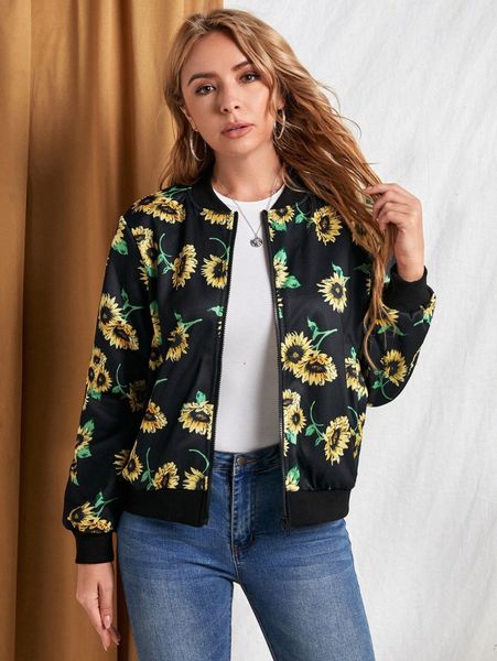 

emery rose sunflower print bomber jacket q4a1#, Black;brown