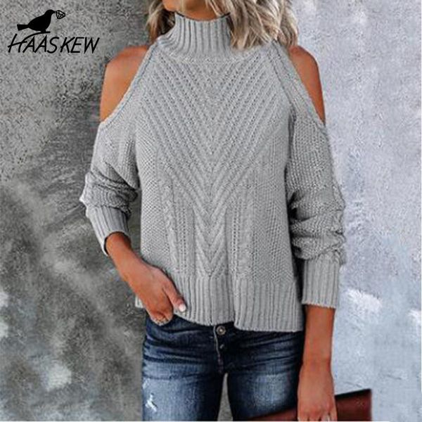 

women's sweaters haaske elegant cold shoulder knitted loose women autumn winter side split pullovers streetwear fashion jumpers top, White;black