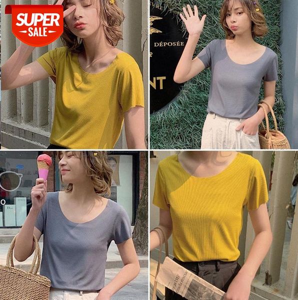 

pure color round neck short-sleeved t-shirt female korean version slim slimming knit bottoming shirt #lm2h, Black;gray
