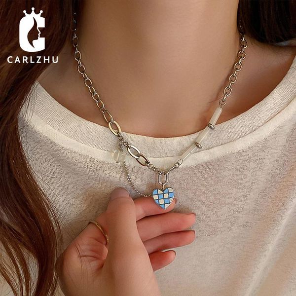 

pendant necklaces blue and white plaid love heart necklace female korean simple clavicle chain choker for women jewelry, Silver