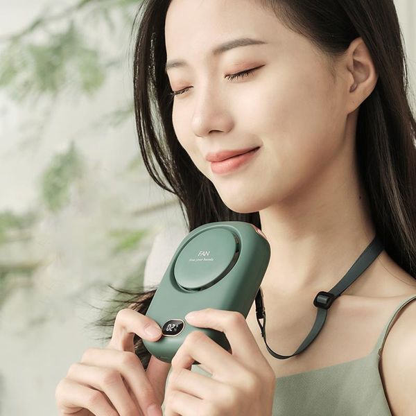 

smart home control portable hanging neck fan for lazy people without leaf usb charging deskwind power digital display silent waist