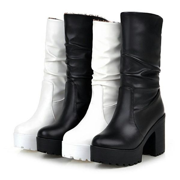 

boots solid square high heels round toe platform shoes for women casual winter female large size 34-46, Black
