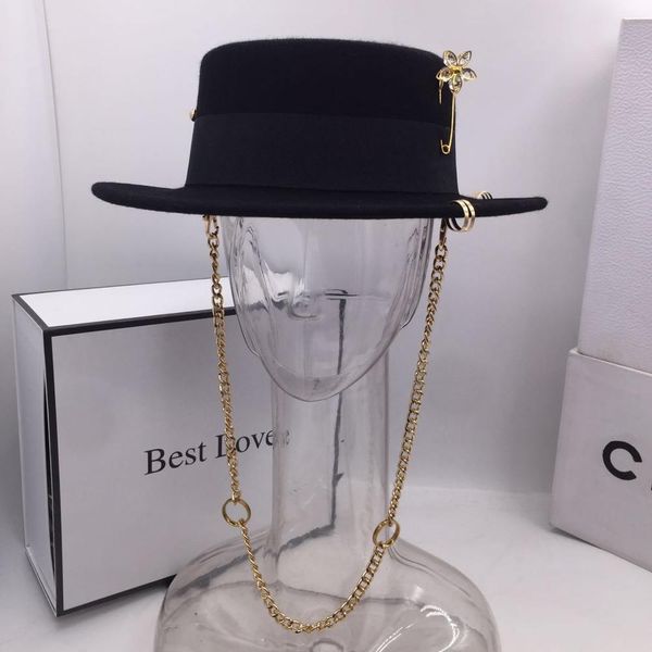 

black cap female british wool fashion party flat hat chain strap and pin fedoras woman a street-style shooting, Blue;gray