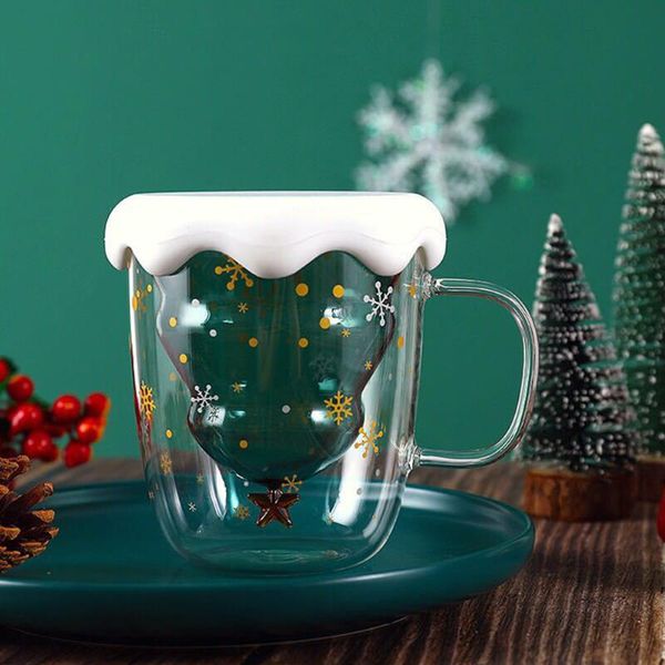 

christmas glass cup anti-scalding tree 300ml mugs with cover children's gift transparent souvenir festival tableware wine glasses