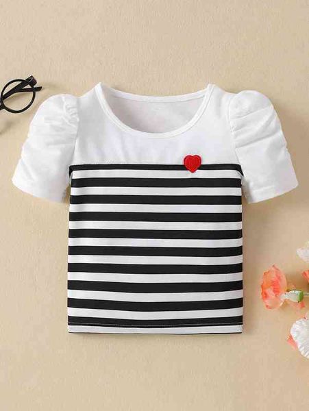 

baby striped heart patched puff sleeve tee she, Blue