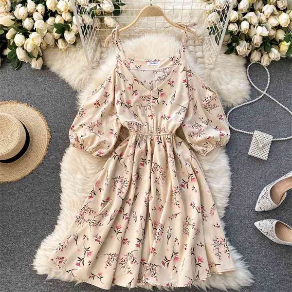 Sommer süße süße Blumendruck Kleid V-Ausschnitt sexy trägerlose Puffärmel Taille schlanke Mode Hosenträger Strand Vestidos 210420