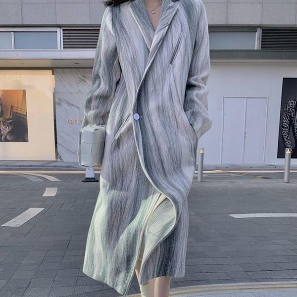 

women's wool & blends [ewq] korea chic 2021 autumn winter casual lapel gray one button tie dye long sleeve woolen coat female fashion 1, Black