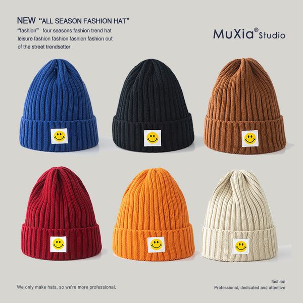 

hat girl autumn winter warm smiling face knitting wool versatile headgear student leisure ear protection cold hat fashion, Black;white