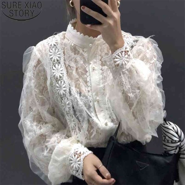 

see through shirt women blouse korean clothing vintage lace blouses stand collar pearl buckle loose long sleeve 13339 210506, White